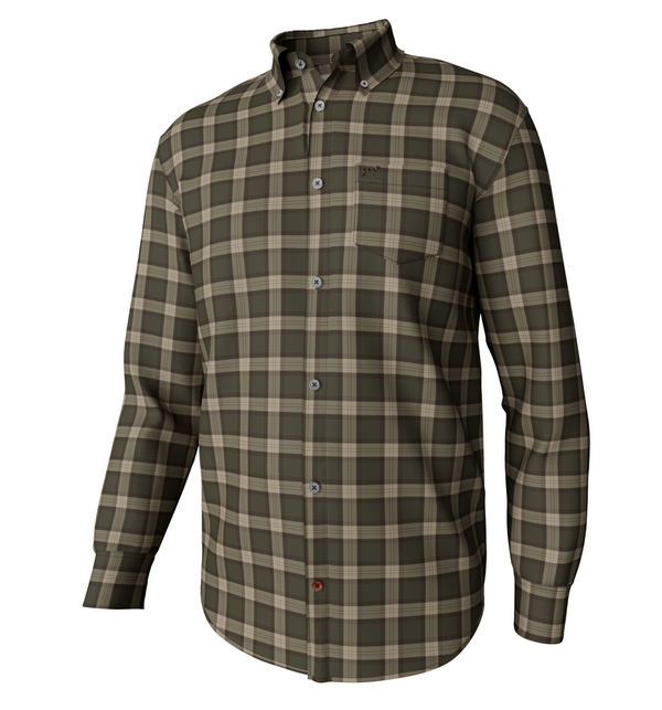 Hadley Brushed Long Sleeve Button Down in Winston Plaid Olive, front view